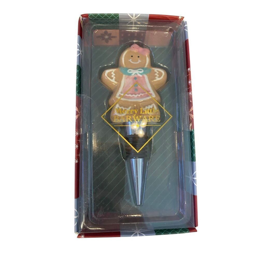 Christmas Gingerbread Girl Bottle Stopper Ceramic Holiday Barware 5 Inch Kitchen